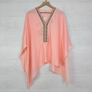 Anthropologie‎ Floreat Kimono Top OS Pink Embroidered Satin Boho Artsy Vacation